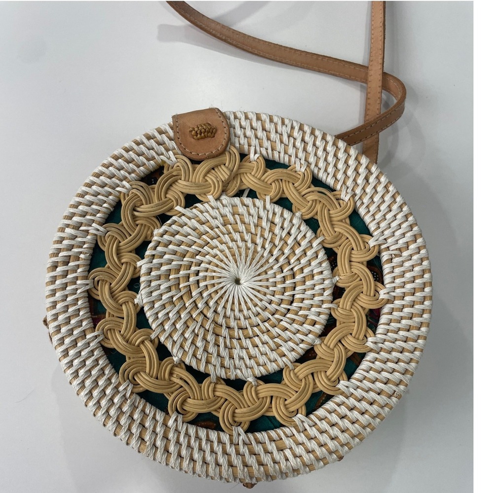 NEW Amerii Round Rattan Crossbody Bag Handmade Woven Batik Lining Boho Bali Purs